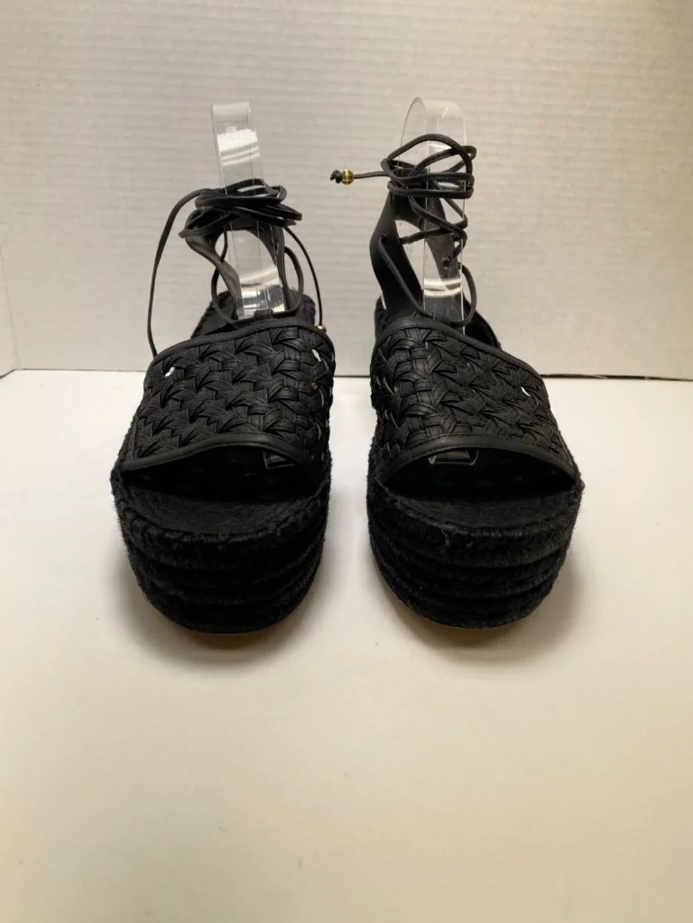 Tory Burch Women's Weave Strappy Lace up Black Espadrille Wedge Sz 11